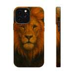 Phone case featuring a detailed lion face artwork with rich orange and brown hues shown in front and side views