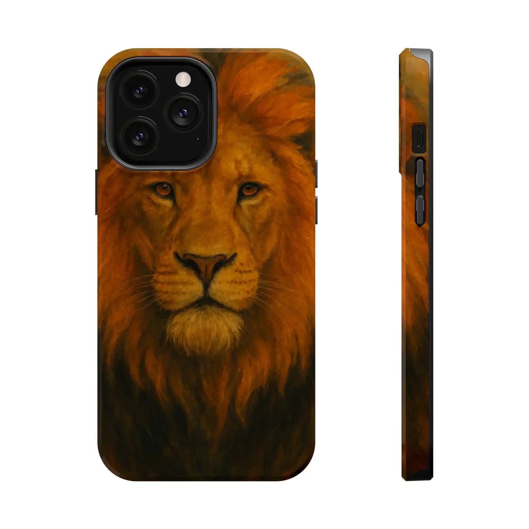 Phone case featuring a detailed lion face artwork with rich orange and brown hues shown in front and side views