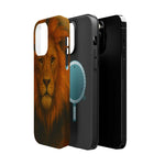 iPhone with detached phone case showing variant sizes, case features realistic lion face design