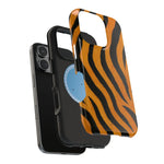 Black smartphone with two protective cases, one black and one orange tiger stripe design, shown in variant sizes