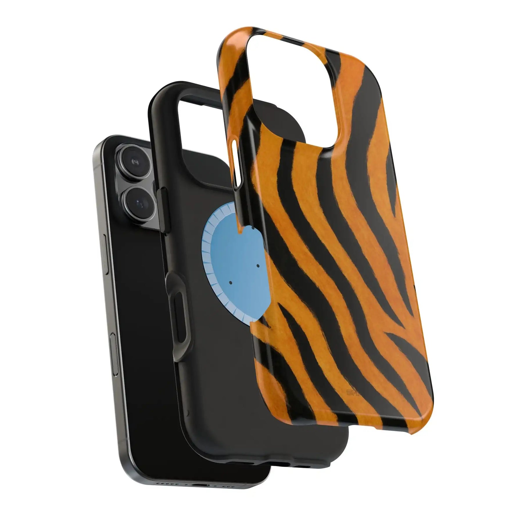 Black smartphone with two protective cases, one black and one orange tiger stripe design, shown in variant sizes