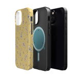 Honey Paisley MagSafe Phone Case, glossy diagonal dual-camera model, exploded shell and liner with magnetic ring