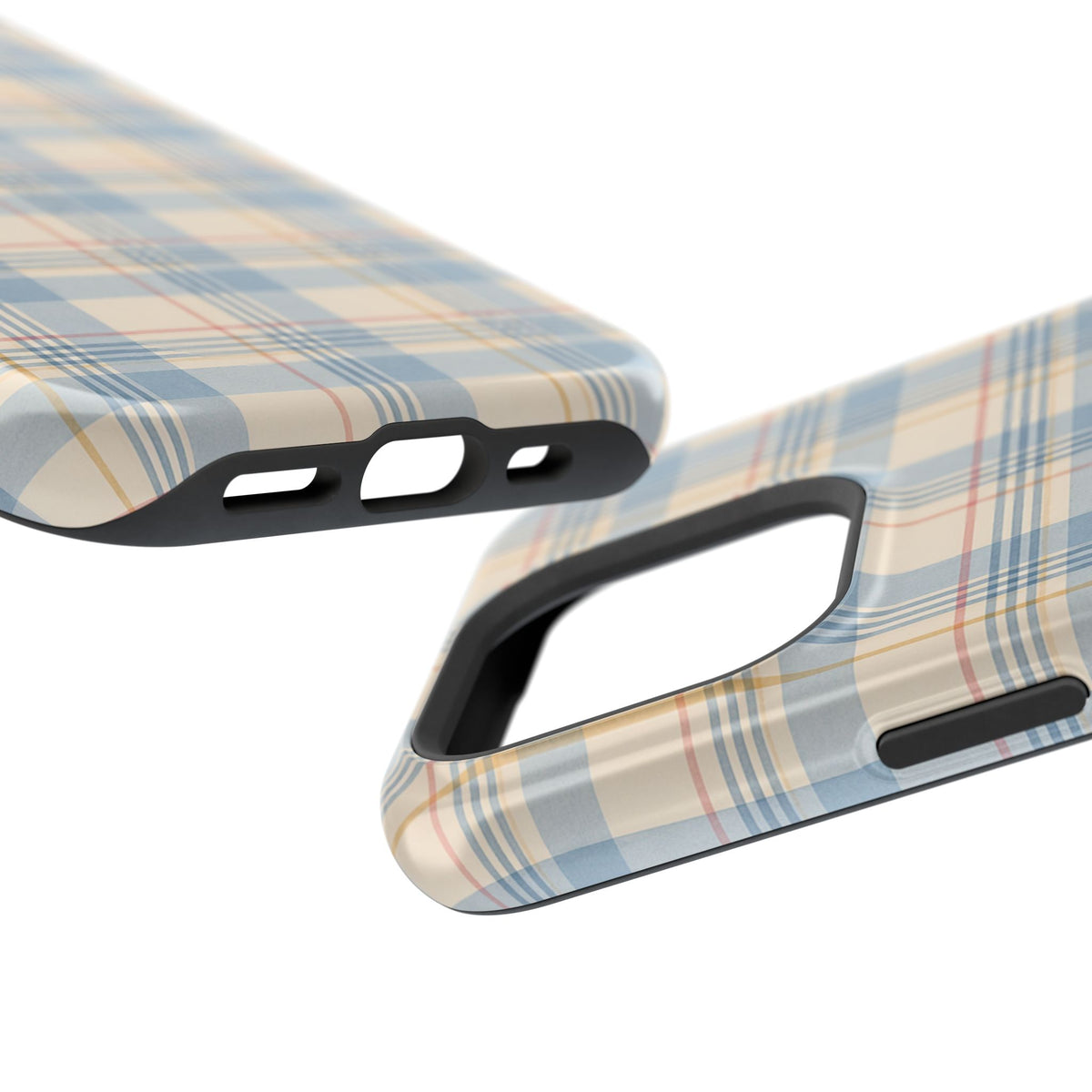 Ranch Check – Blue and Cream Plaid MagSafe Phone Case, glossy square triple-camera Pro model, port openings and edge details