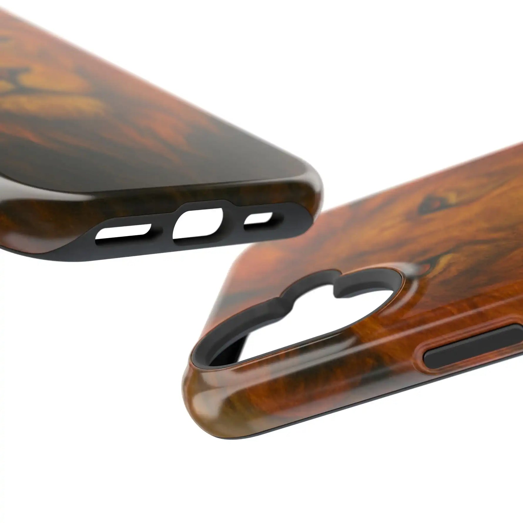 Close-up of two glossy brown wood-patterned phone cases showing camera and charging port cutouts with variant sizes