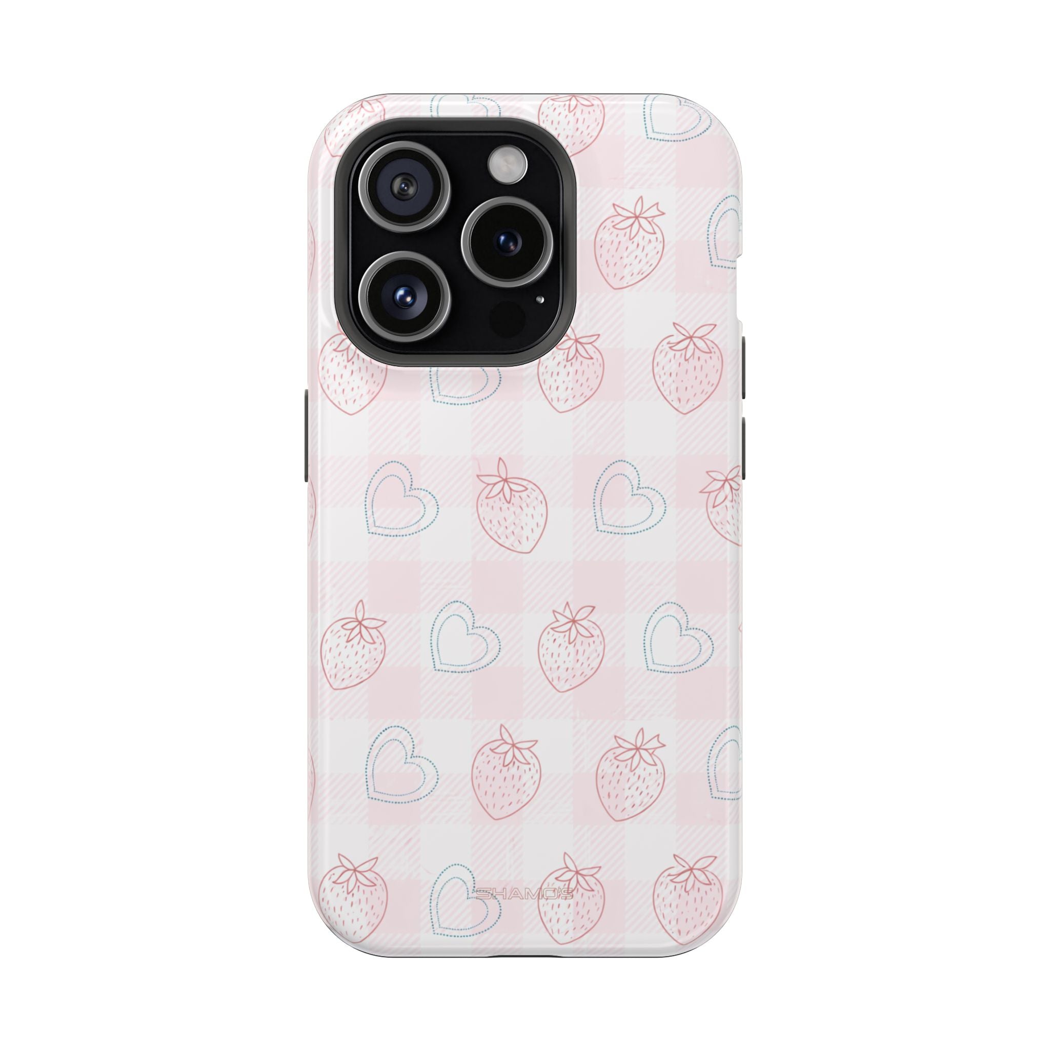 Strawberry Hearts MagSafe Compatible Phone Case | 'Paint it your way' Pink Plaid Impact-Resistant - iPhone 15 Pro / Glossy - Shamo's