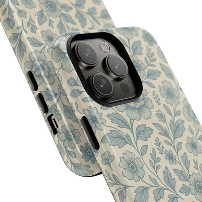 Vintage Blue Floral Tough Case for iPhone - Compatible with MagSafe