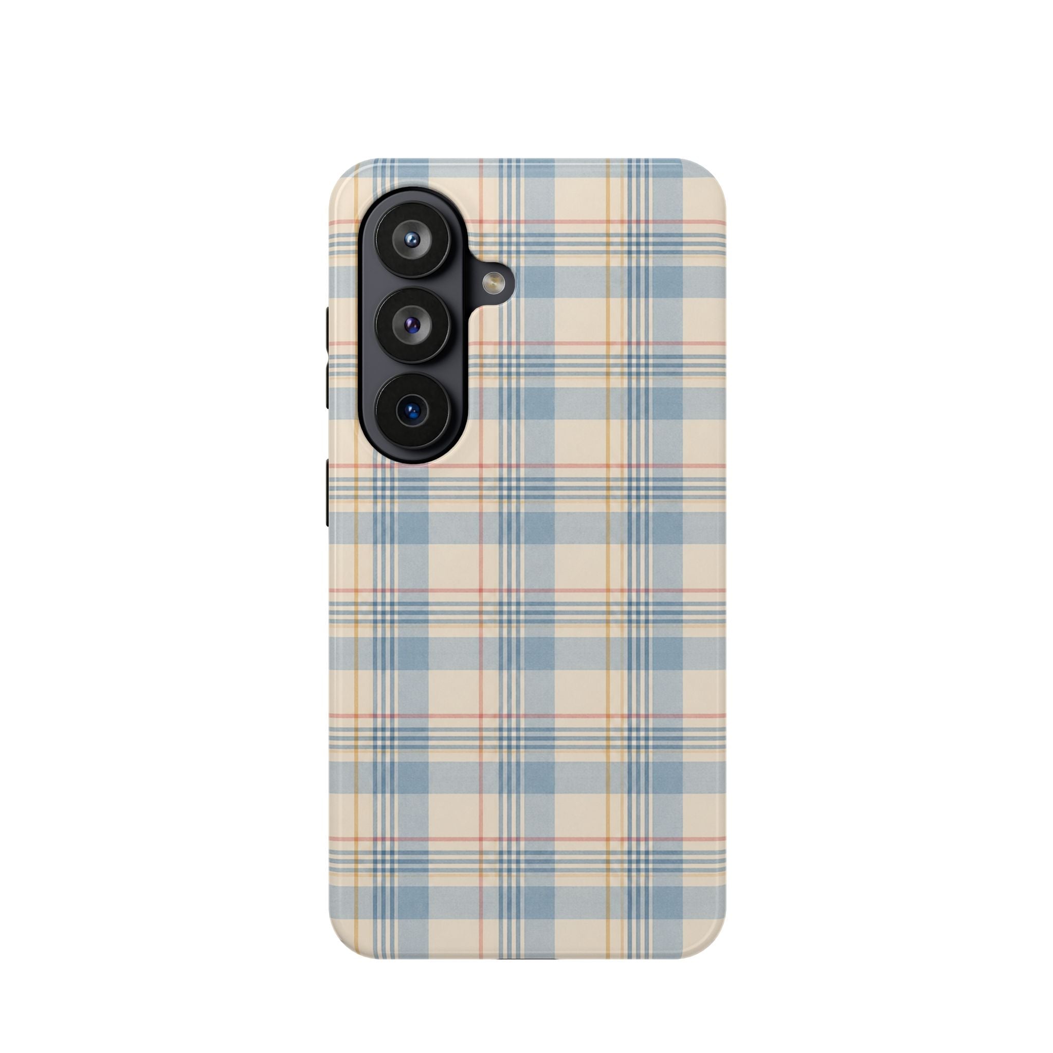 Ranch Check – Blue and Cream Plaid MagSafe Phone Case, glossy Samsung Galaxy S26, rear view