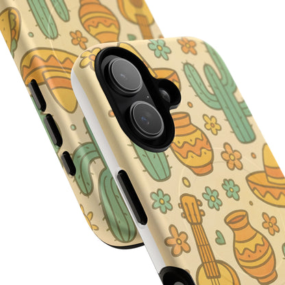 Mexico Hand-Drawn Cactus Pattern iPhone Case – Cute Desert Guitar & Sombrero Design | with MagSafe
