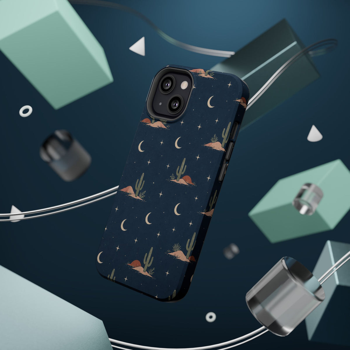 Desert Moon MagSafe Phone Case, glossy diagonal dual-camera model, rear view with magnetic accessories