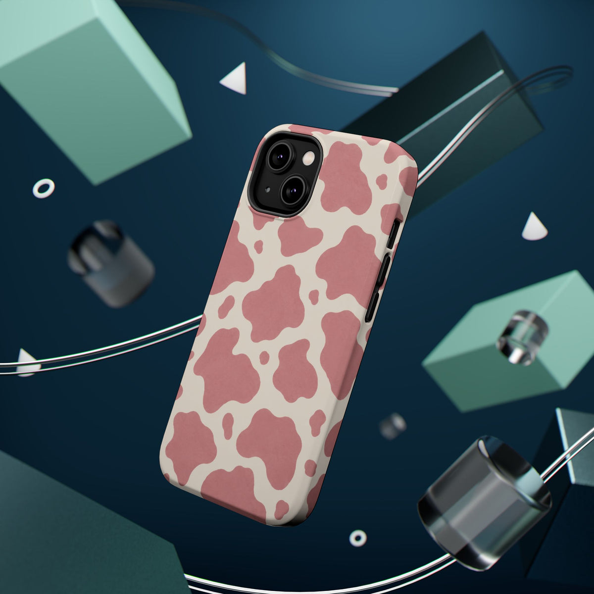 Rose Cowprint – Pink Cow Print MagSafe Phone Case, glossy diagonal dual-camera model, rear view with magnetic accessories