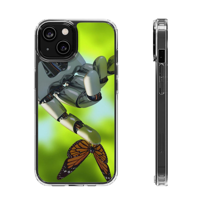 Clear Cases for iPhone 14 Series with Robotic hand and Butterfly.