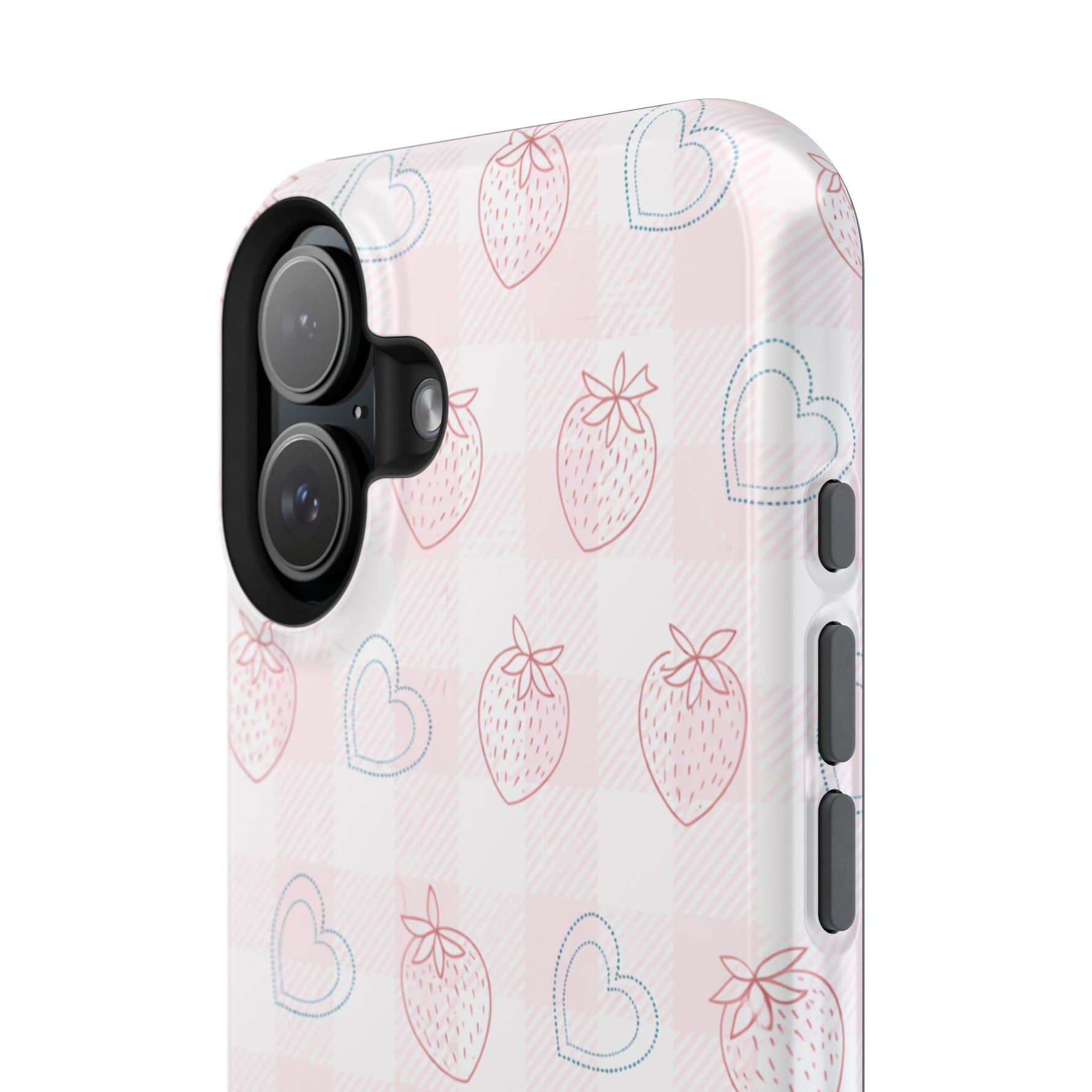 Strawberry Hearts MagSafe Compatible Phone Case | 'Paint it your way' Pink Plaid Impact-Resistant