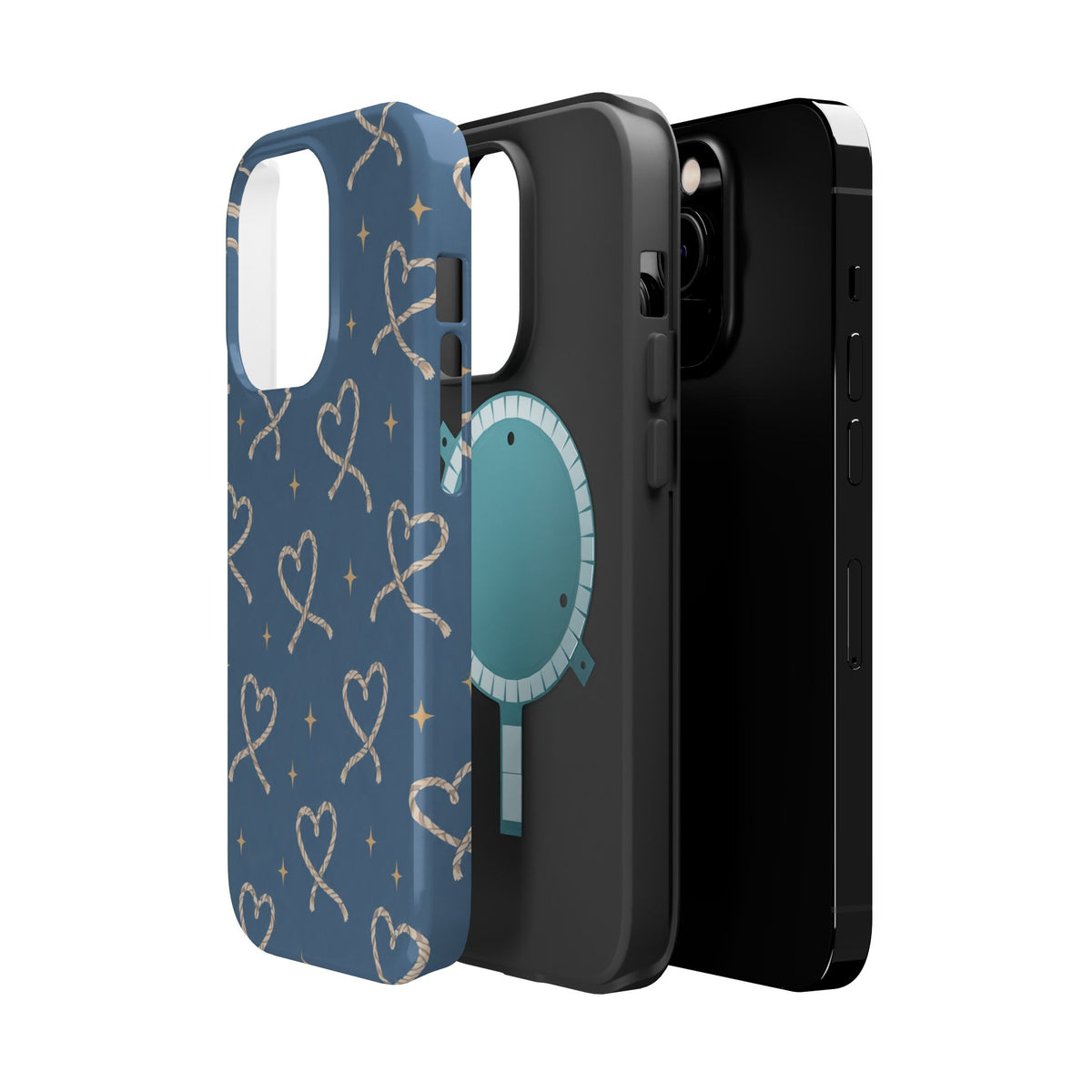 Lasso Hearts – Blue Western Heart MagSafe Phone Case, glossy square triple-camera Pro model, exploded shell and liner with magnetic ring