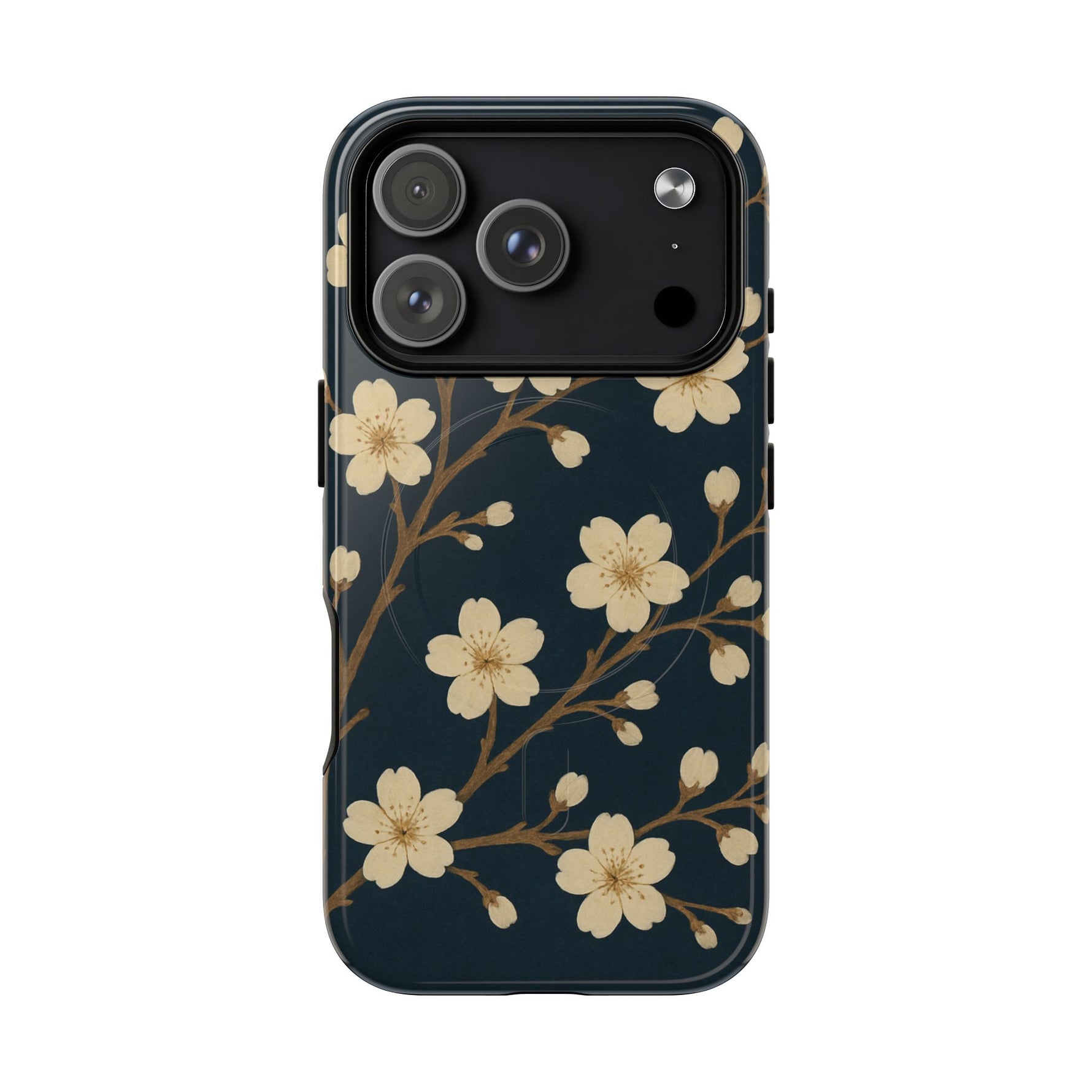 Navy Cherry Blossom Floral iPhone Case - Compatible with MagSafe - Shamo's
