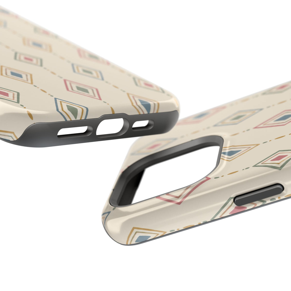 Desert Diamonds – Pastel Geometric Pattern MagSafe Phone Case, glossy square triple-camera Pro model, port openings and edge details