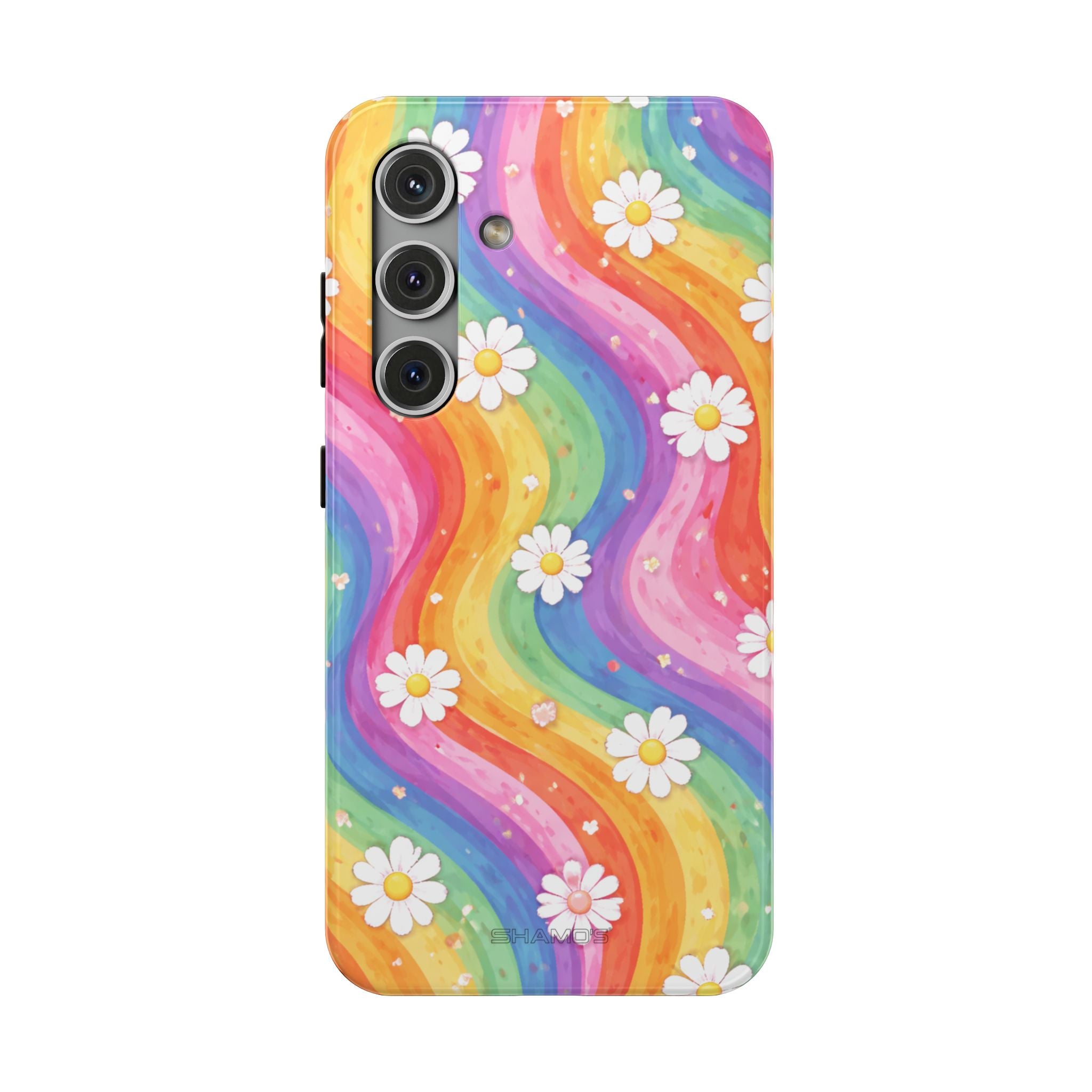 Phone case with flowing rainbow-colored stripes and small white daisies