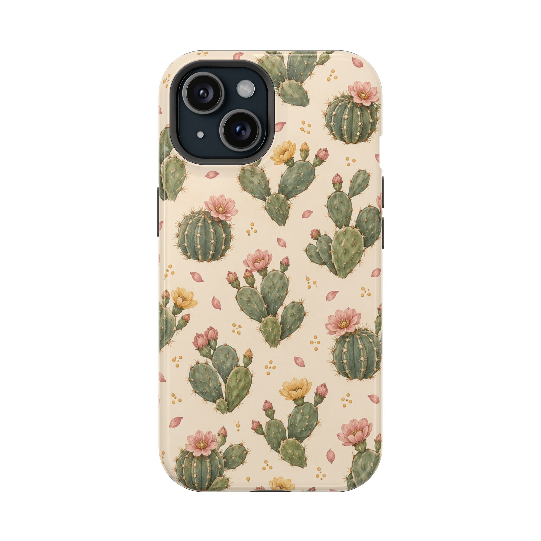 Cactus Bloom – Sage Green Floral Cactus MagSafe Phone Case, glossy iPhone 15, rear view