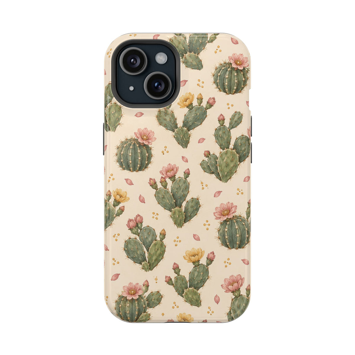 Cactus Bloom – Sage Green Floral Cactus MagSafe Phone Case, glossy iPhone 15, rear view