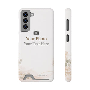 Custom card-holder phone case preview with text reading Your Photo, Your Text Here