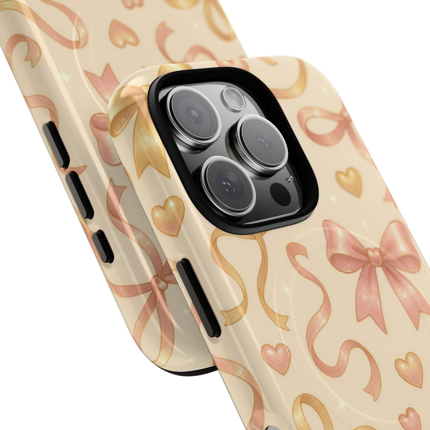 Festive Bow Charm iPhone Case — Pink & Gold Ribbon Hearts with MagSafe