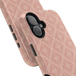 Meadow Lace – Blush Pink Lace Pattern MagSafe Phone Case, glossy vertical dual-camera model, camera and side-button close-up