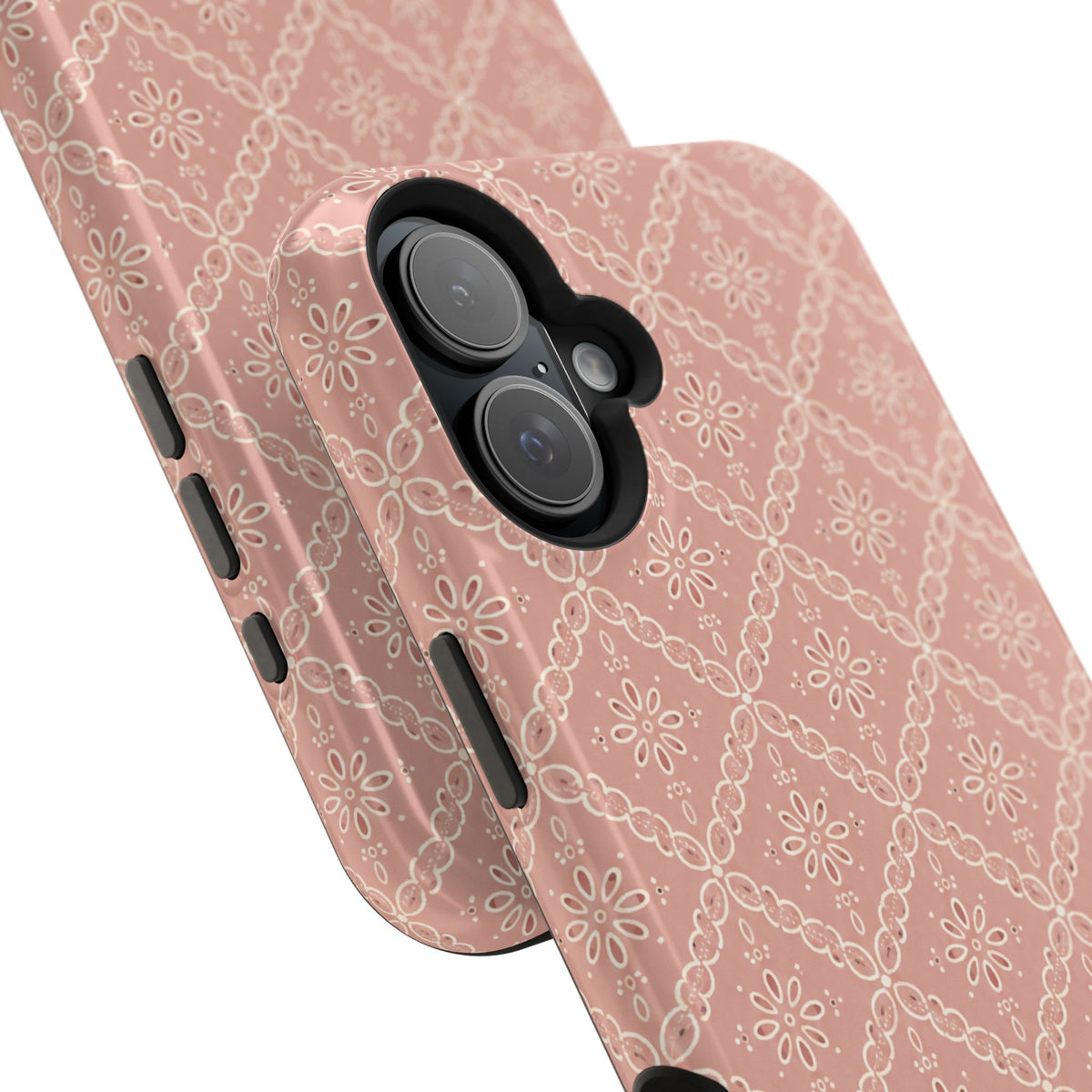 Meadow Lace – Blush Pink Lace Pattern MagSafe Phone Case, glossy vertical dual-camera model, camera and side-button close-up