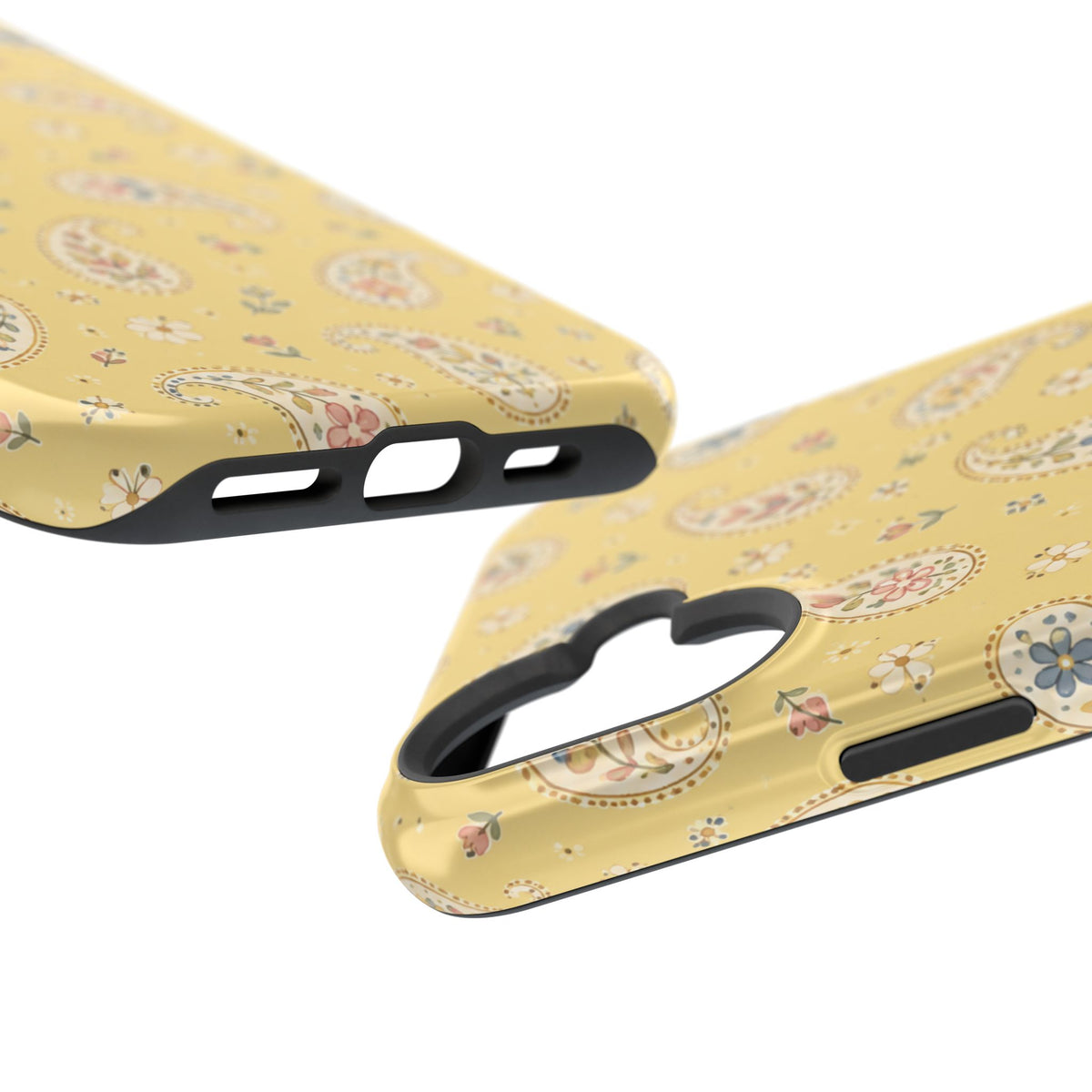 Honey Paisley MagSafe Phone Case, glossy vertical dual-camera model, port openings and edge details