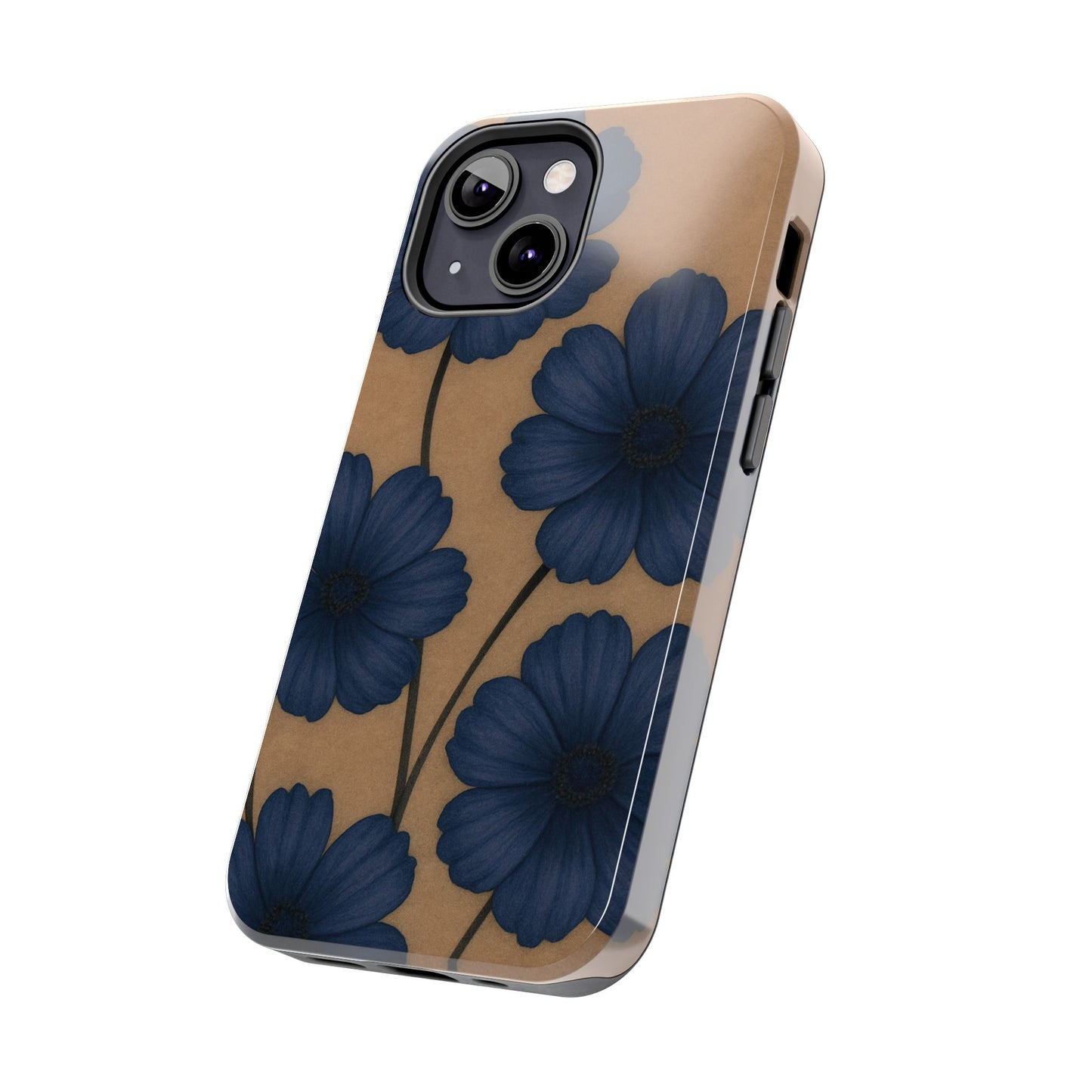 Navy Floral Tough iPhone Case — Durable Protective Case with Blue Flowers on Kraft Background