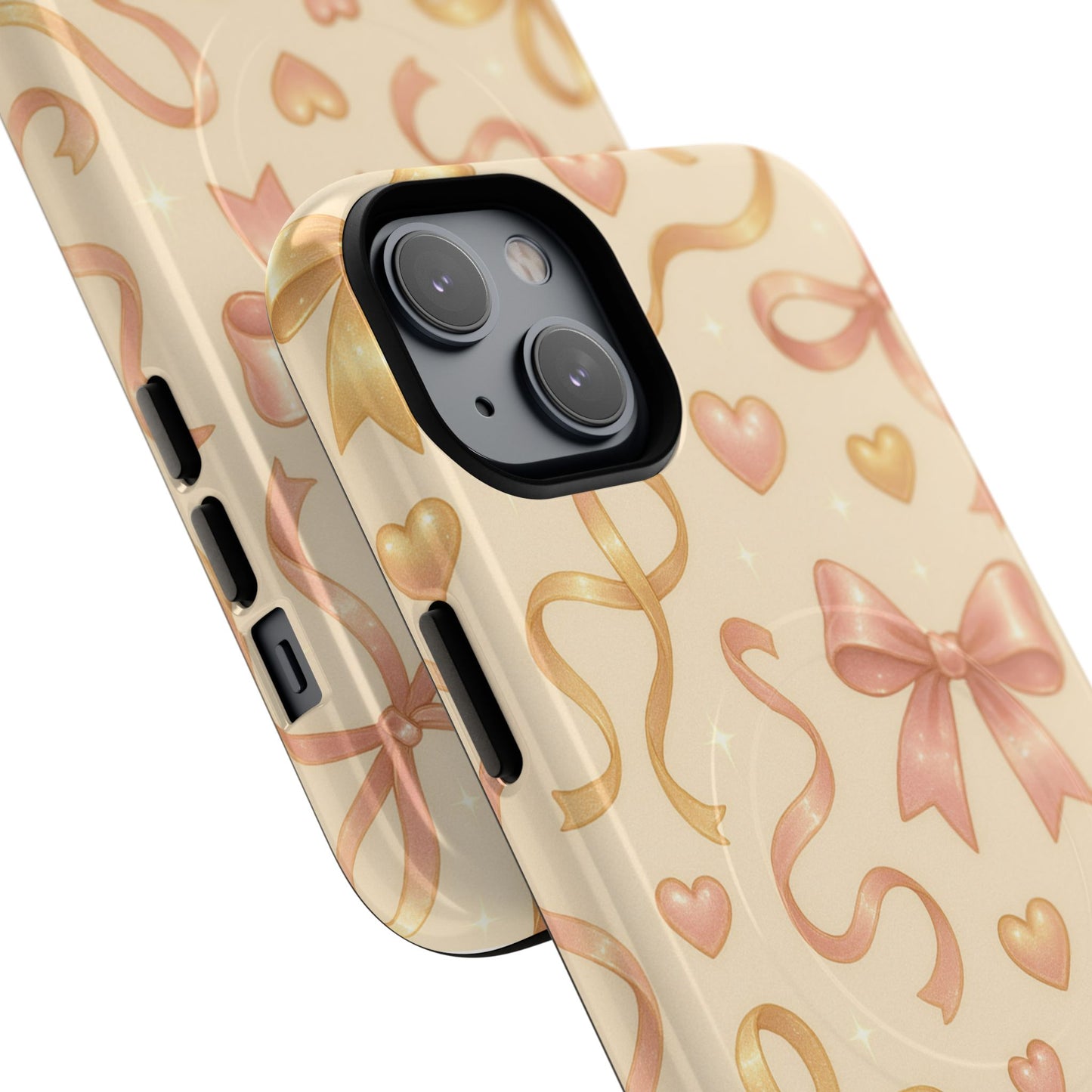 Festive Bow Charm iPhone Case — Pink & Gold Ribbon Hearts with MagSafe