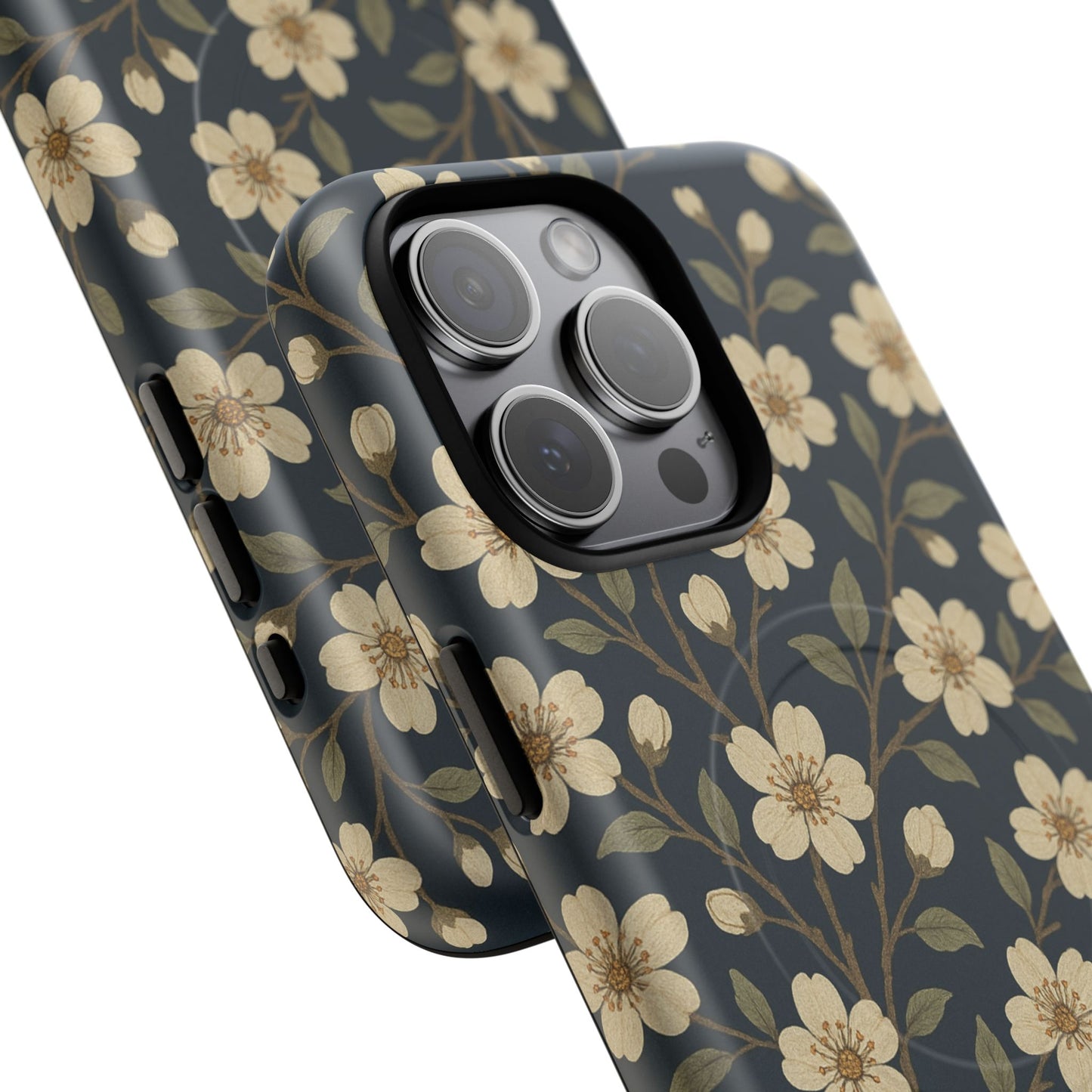 Navy Cherry Blossom Floral iPhone Case - Compatible with MagSafe