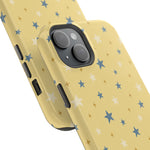 Prairie Stars – Yellow and Blue Star MagSafe Phone Case, glossy diagonal dual-camera model, camera and side-button close-up