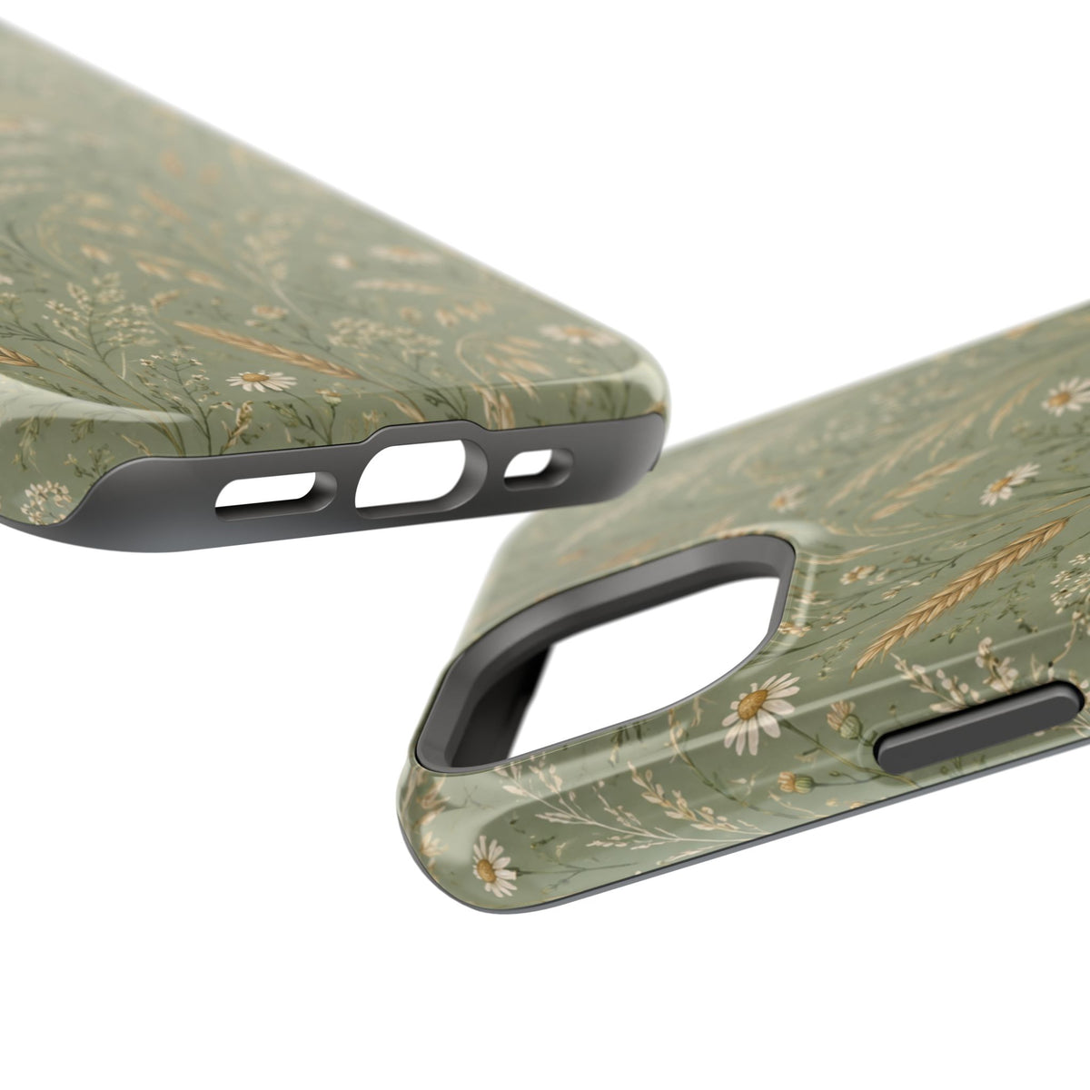 Golden Meadow – Sage Green Wildflower MagSafe Phone Case, glossy diagonal dual-camera model, port openings and edge details