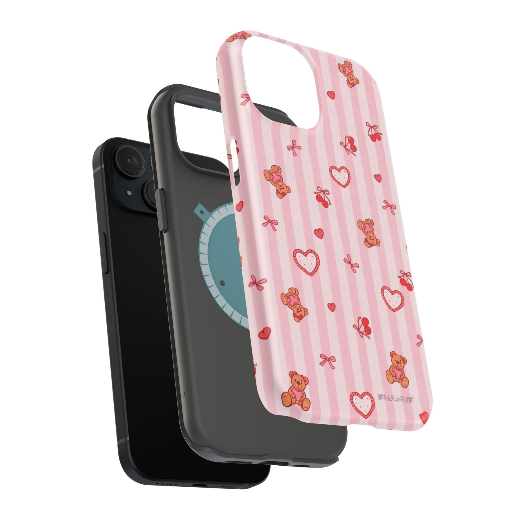 Pink Teddy Hearts Love iPhone Case, Impact-Resistant MagSafe Compatible