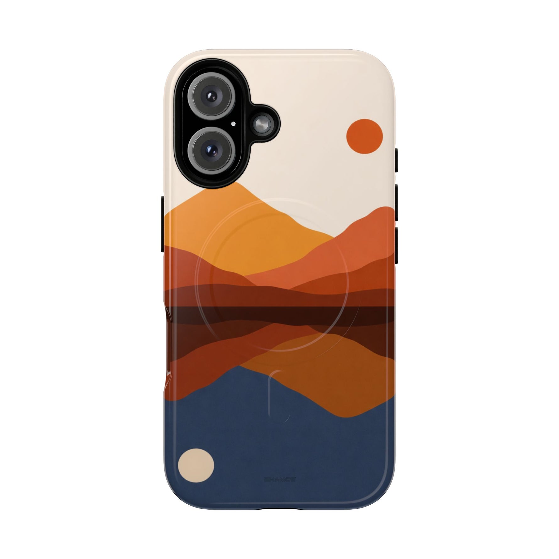 iPhone case with abstract mountain landscape design in orange, brown, and navy blue colors, variant size shown