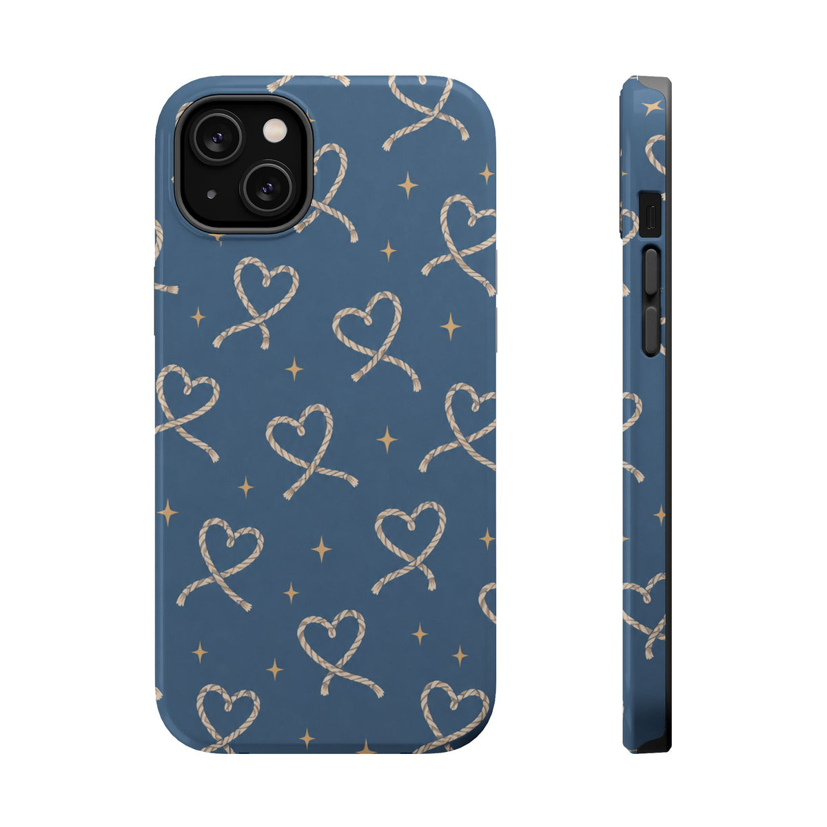 Lasso Hearts – Blue Western Heart MagSafe Phone Case, glossy iPhone 14 Plus, rear and side profile