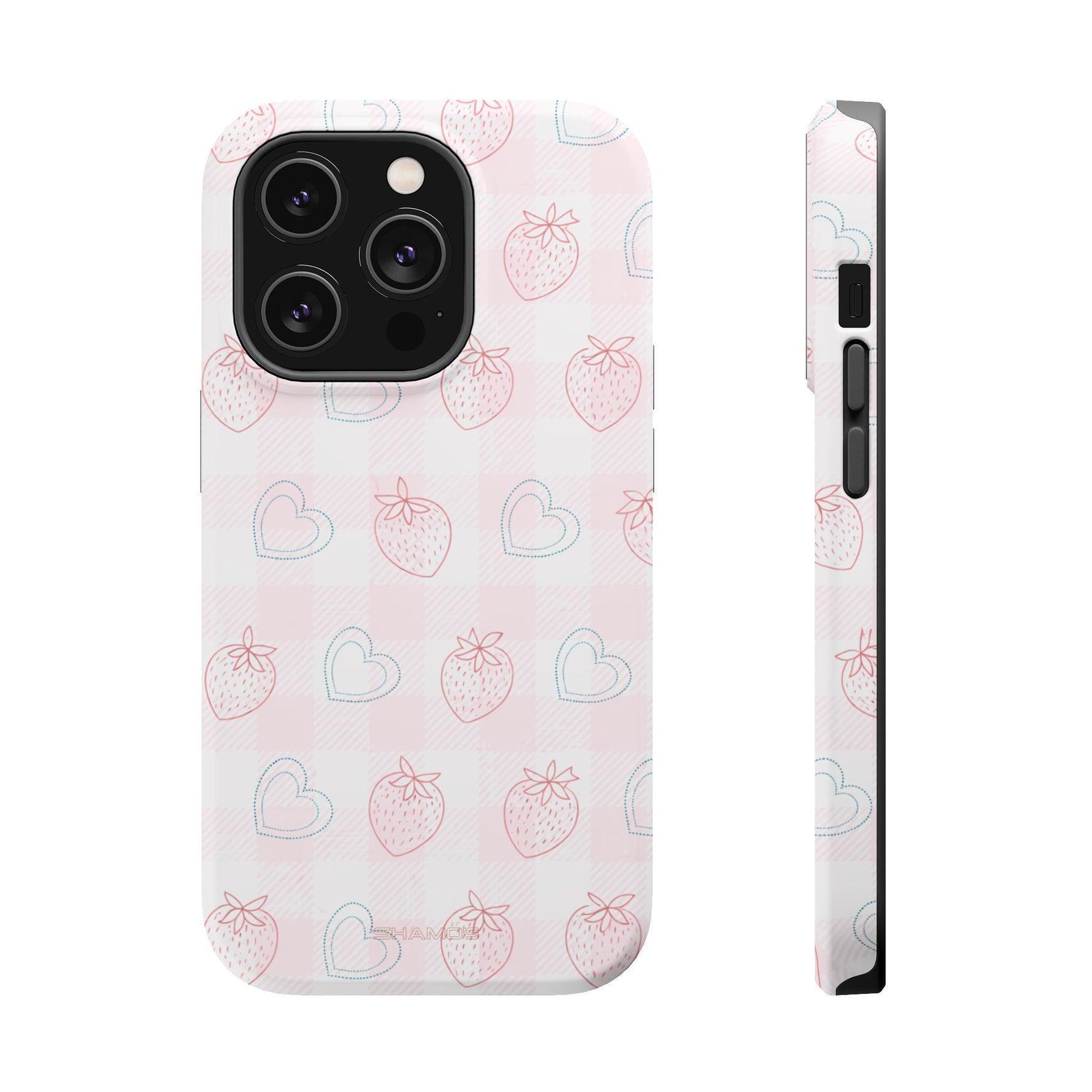 Strawberry Hearts MagSafe Compatible Phone Case | 'Paint it your way' Pink Plaid Impact-Resistant