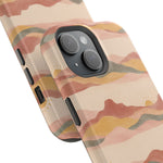 Sunset Trails – Desert Landscape MagSafe Phone Case, glossy diagonal dual-camera model, camera and side-button close-up