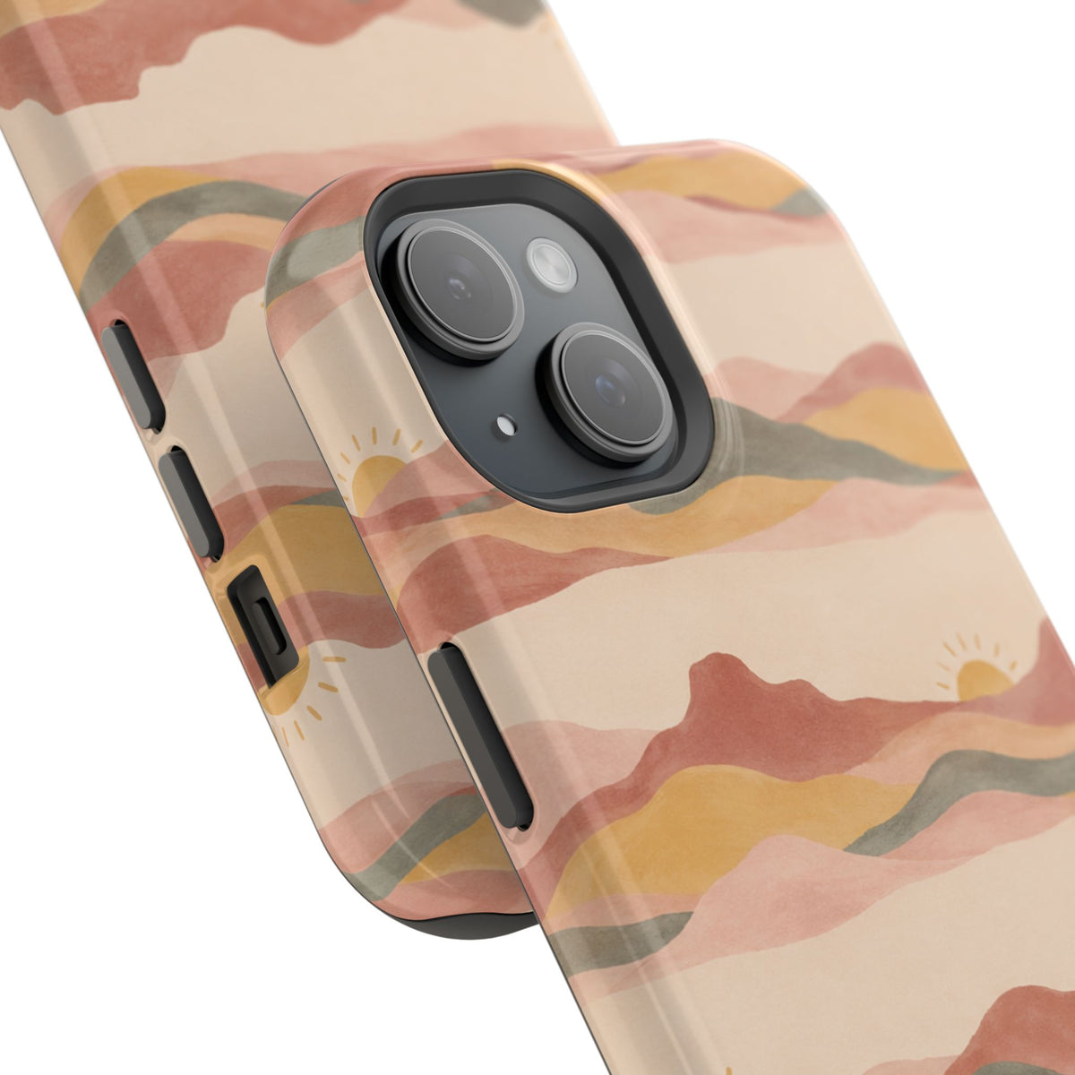 Sunset Trails – Desert Landscape MagSafe Phone Case, glossy diagonal dual-camera model, camera and side-button close-up