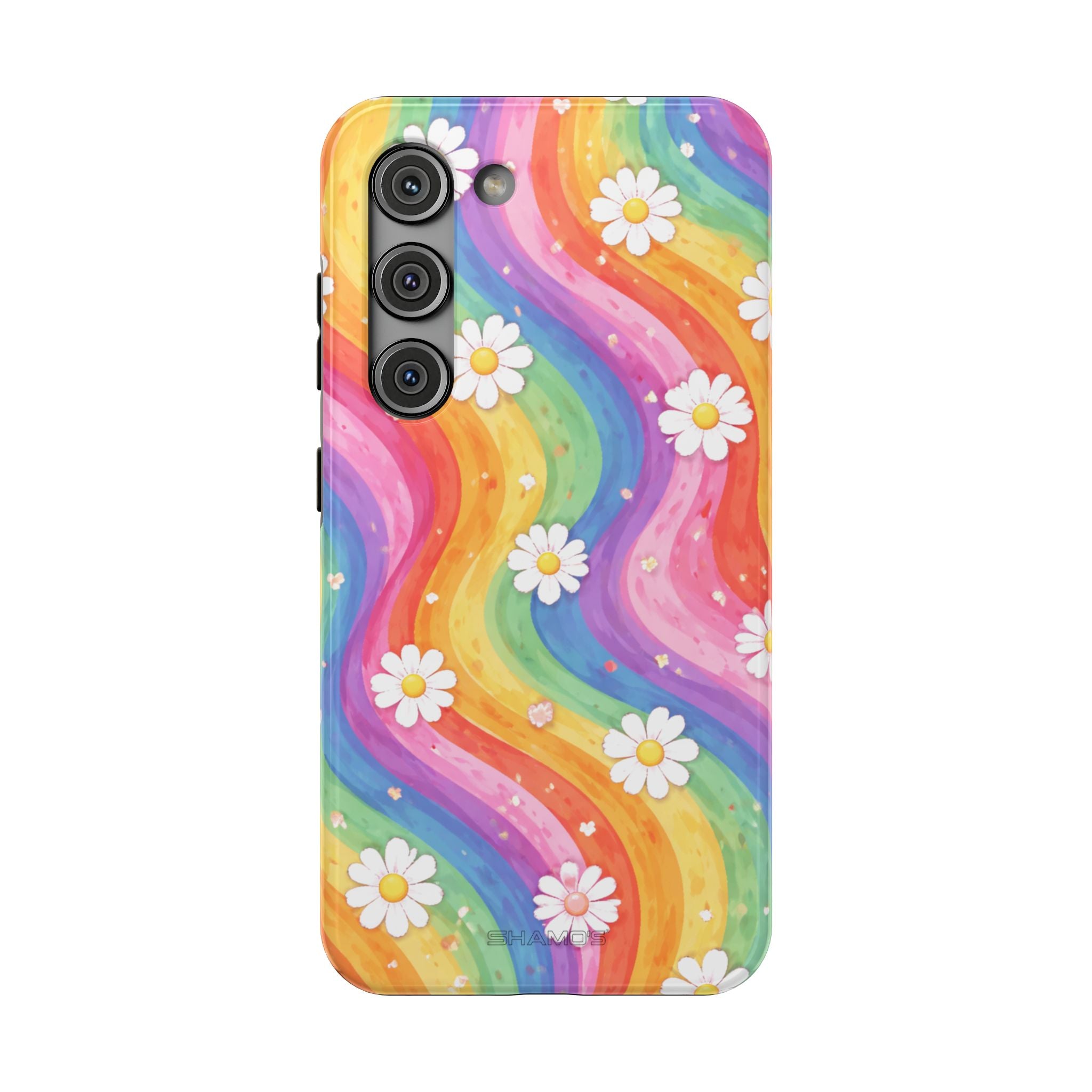 Phone case with flowing rainbow-colored stripes and small white daisies