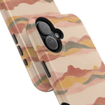 Sunset Trails – Desert Landscape MagSafe Phone Case, glossy vertical dual-camera model, camera and side-button close-up