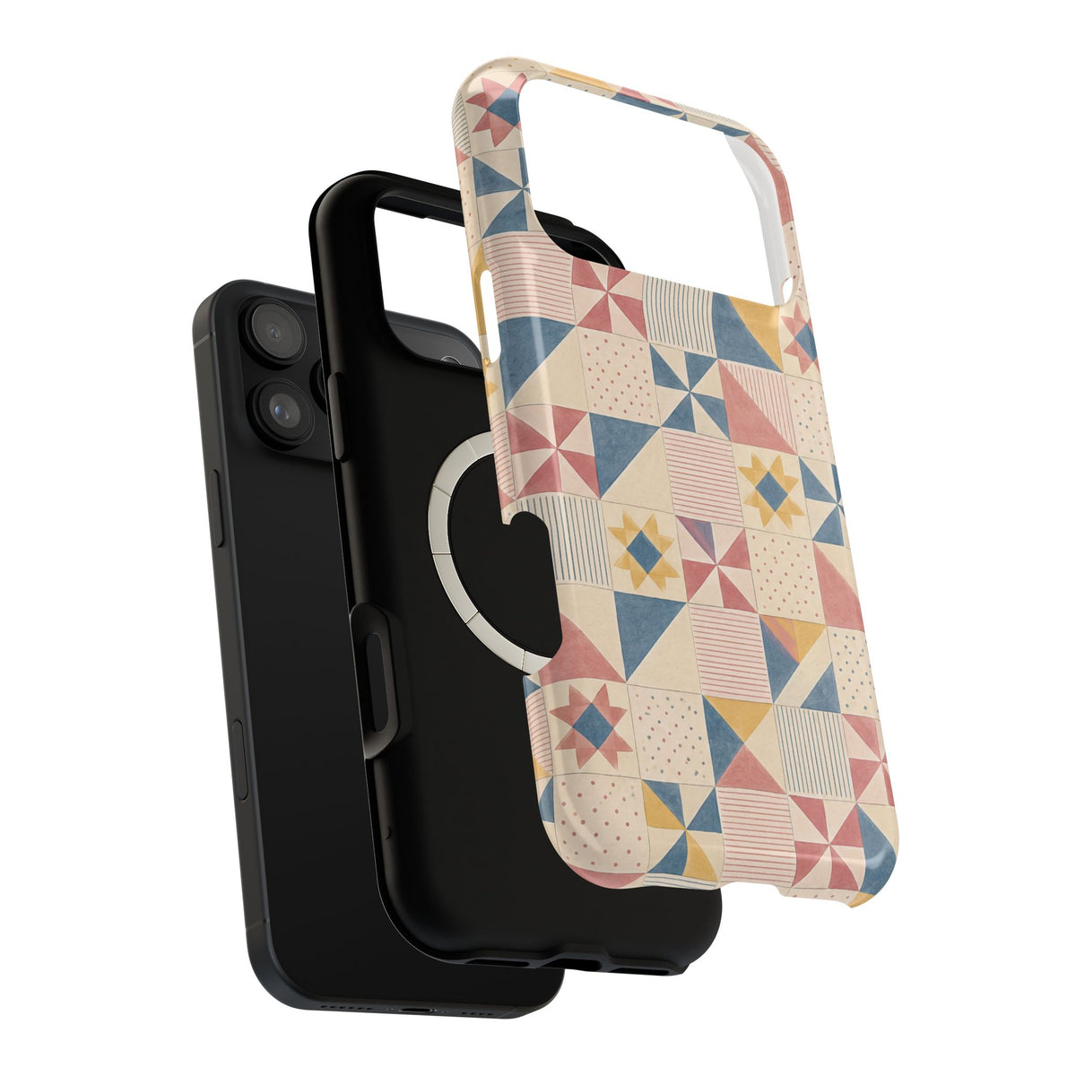 Prairie Quilt – Pastel Patchwork Pattern MagSafe Phone Case, glossy wide-camera Pro Max model, exploded shell and liner with magnetic ring