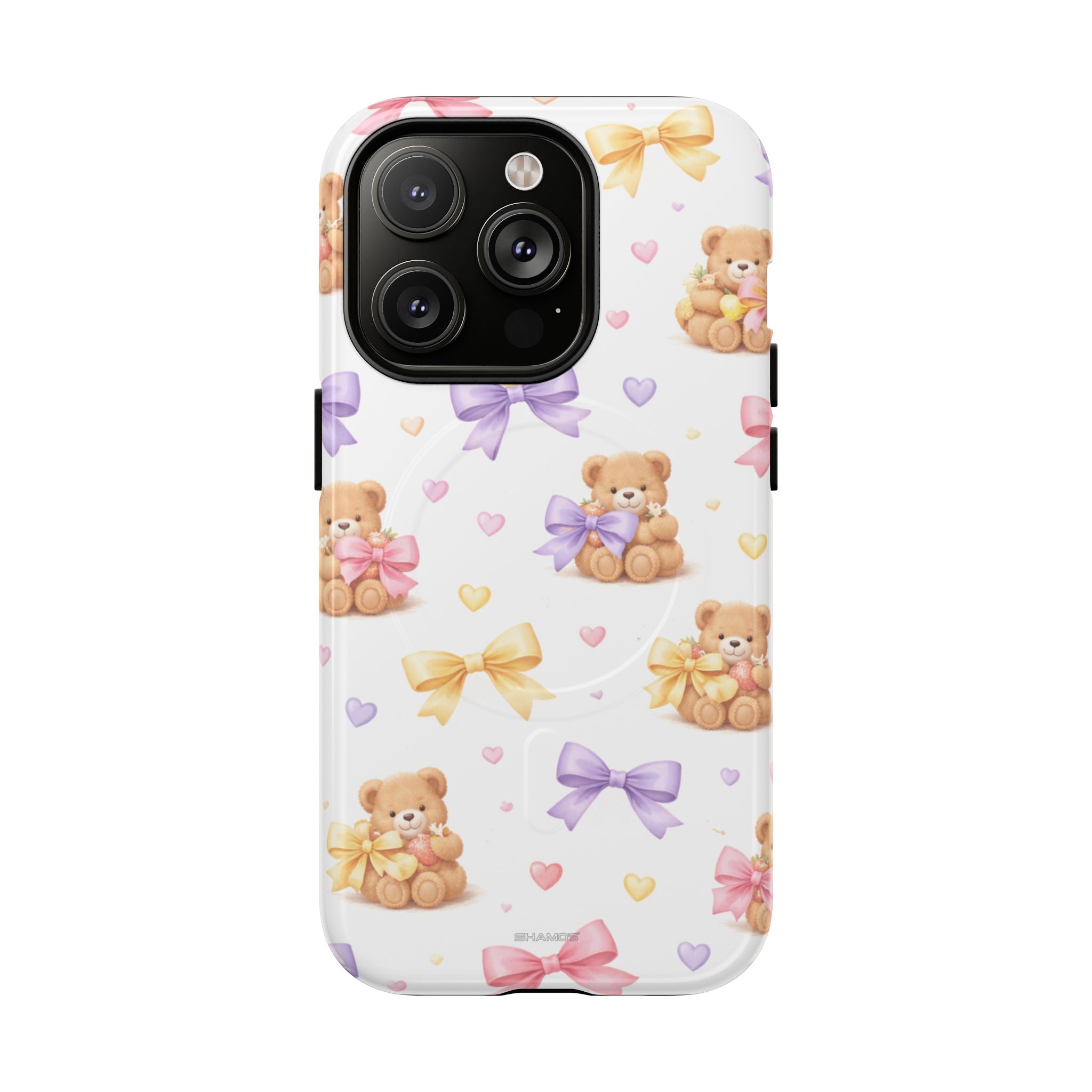 iPhone 14 Pro case with cute teddy bears and pastel bows pattern, variant size for phone