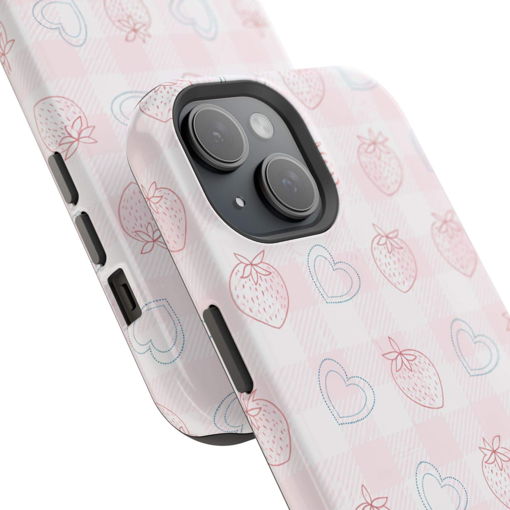Strawberry Hearts MagSafe Compatible Phone Case | 'Paint it your way' Pink Plaid Impact-Resistant
