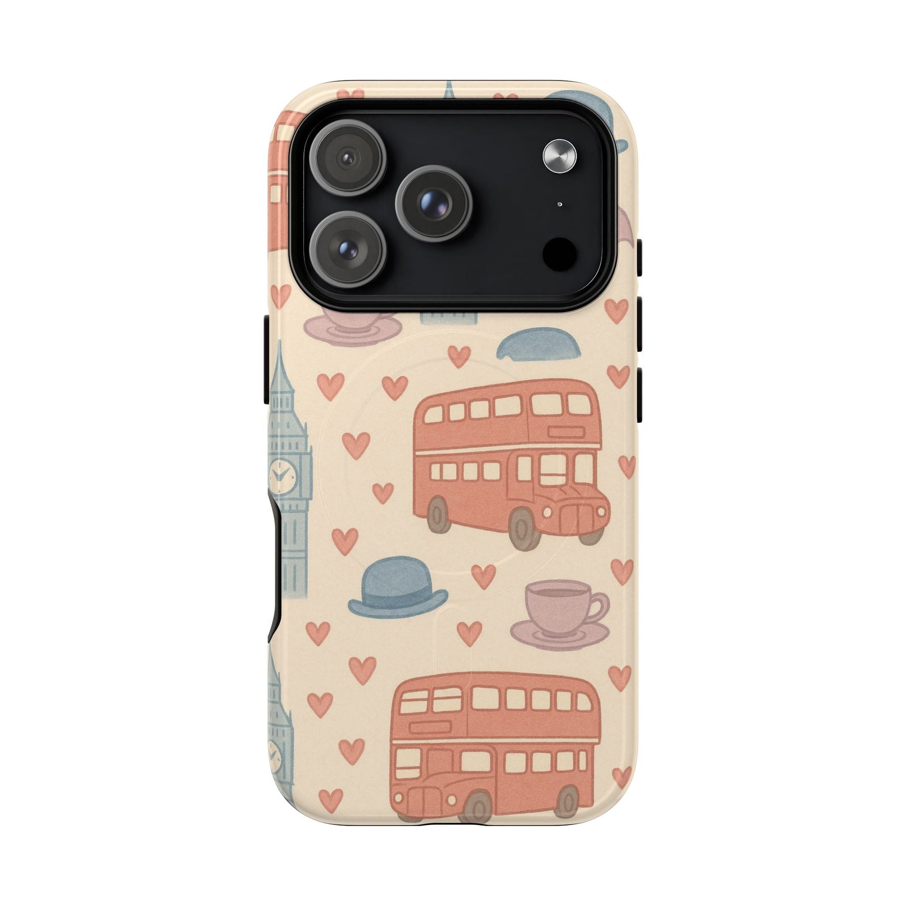 London Icons Hand-Drawn iPhone Case — Cute Double-Decker Bus & Big Ben Pattern with MagSafe compatibility  Shamo's iPhone 17 Pro / Glossy