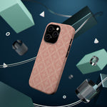 Meadow Lace – Blush Pink Lace Pattern MagSafe Phone Case, glossy square triple-camera Pro model, rear view with magnetic accessories