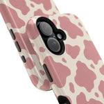 Rose Cowprint – Pink Cow Print MagSafe Phone Case, glossy vertical dual-camera model, camera and side-button close-up