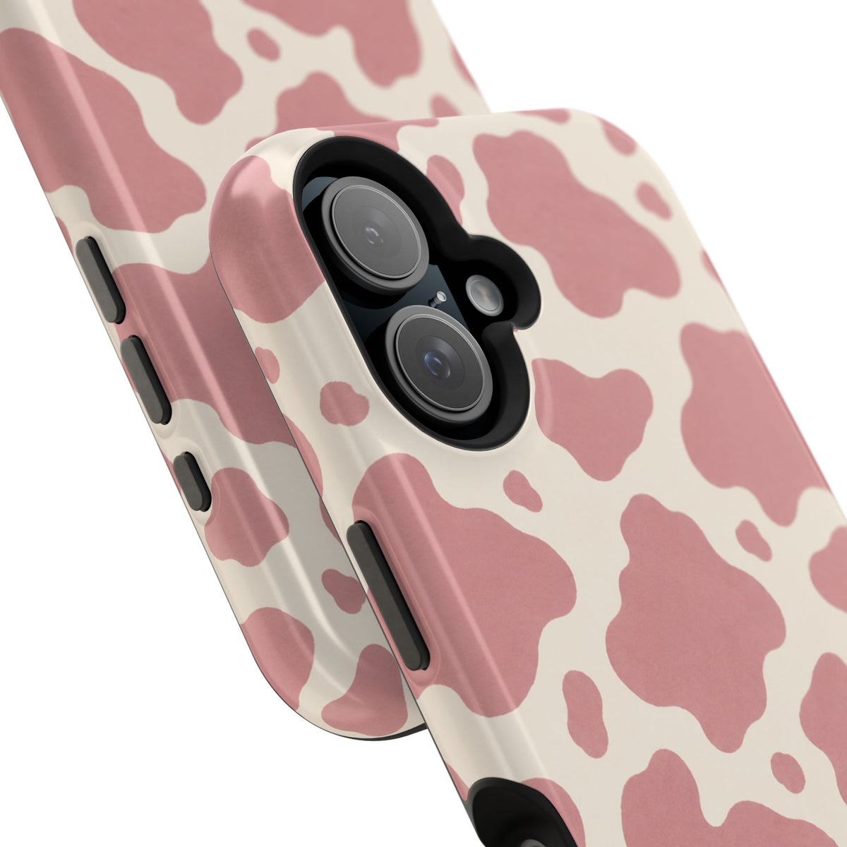 Rose Cowprint – Pink Cow Print MagSafe Phone Case, glossy vertical dual-camera model, camera and side-button close-up