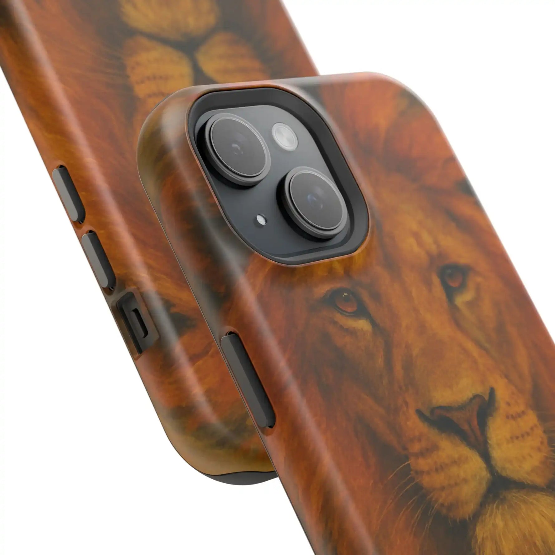two phone cases with lion face design showing different sizes and camera cutouts