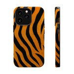 Tiger print phone case shown from front and side with bold black and orange stripes in slim variant size