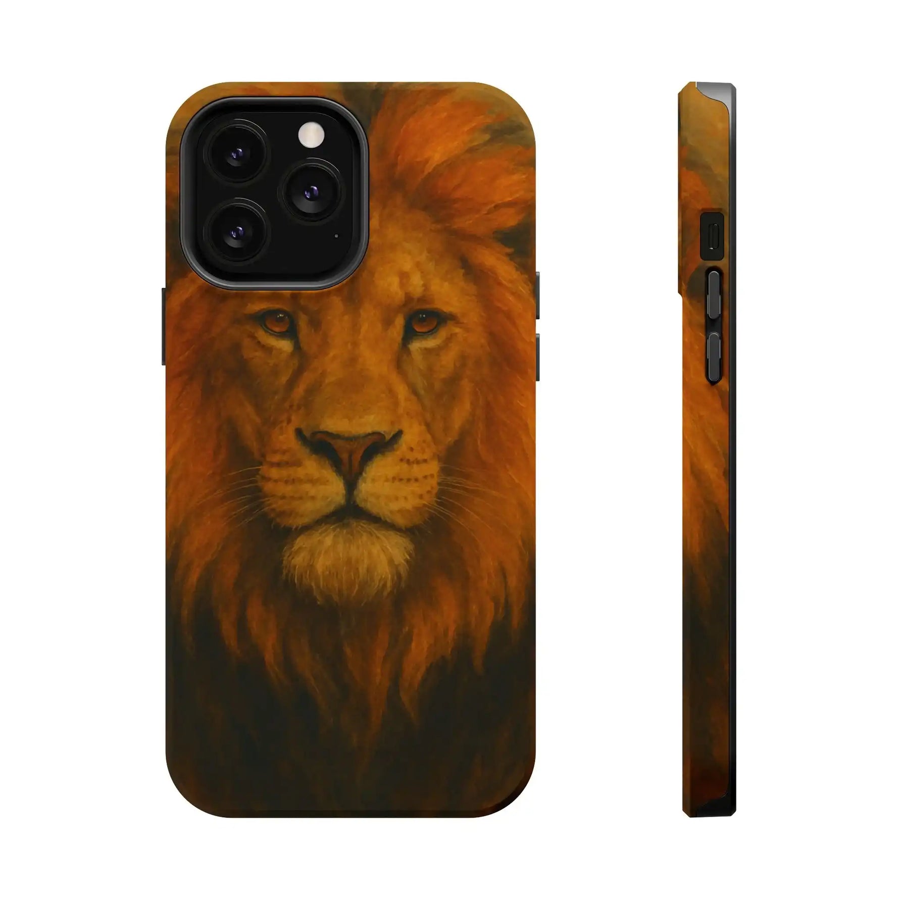 Side and back view of phone case with large realistic lion face design in warm tones, showing variant size